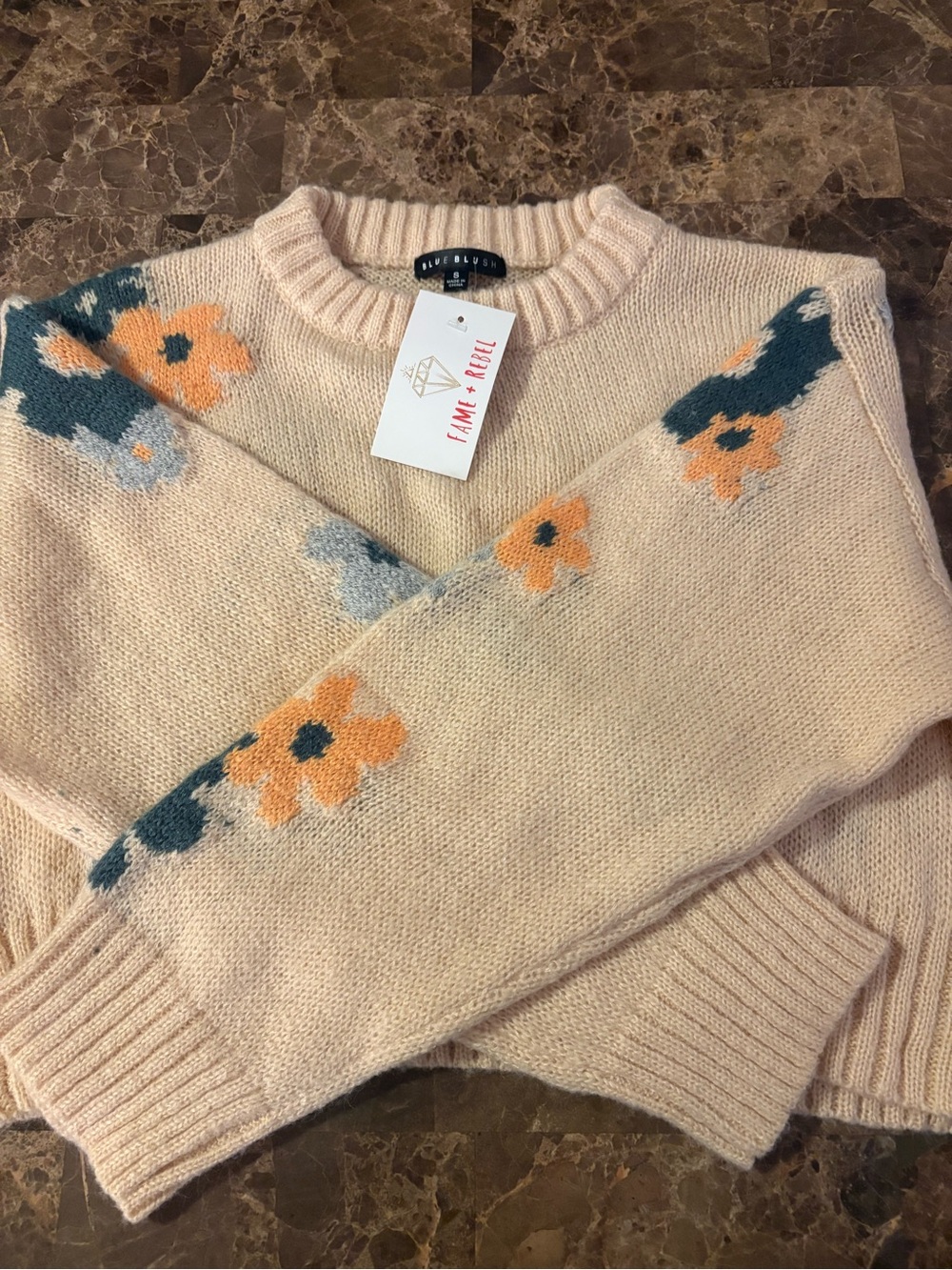 Blue Blush Peach Crewneck Sweater with Floral Sleeve Accents